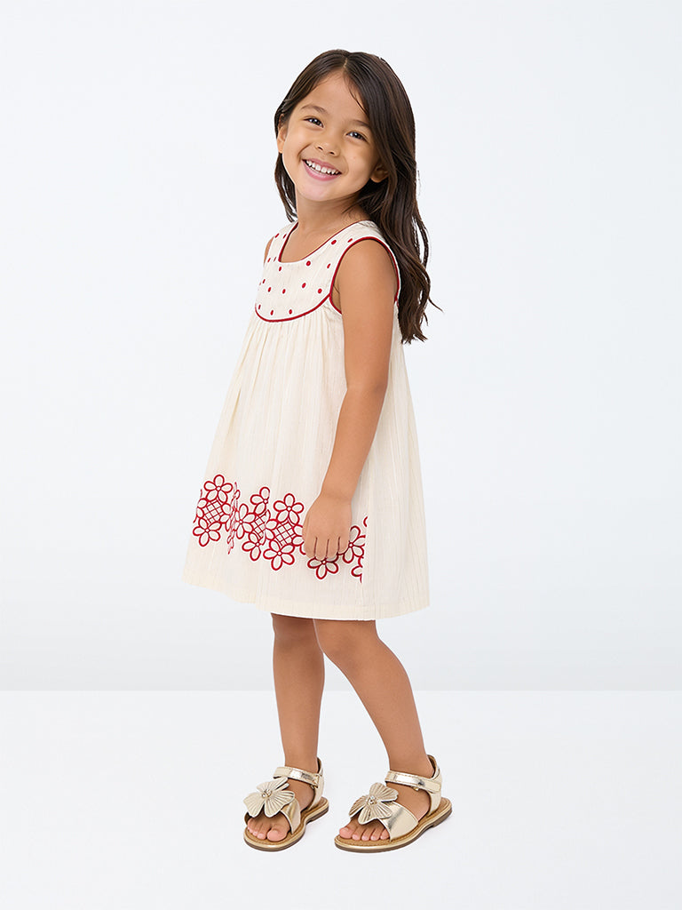 Utsa Kids Girls Off-White Floral Design Cotton A-Line Dress - (2-8 yrs)