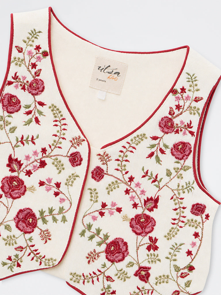 Utsa Kids Girls Ivory Floral Embroidered Waistcoat - (2-8 yrs)