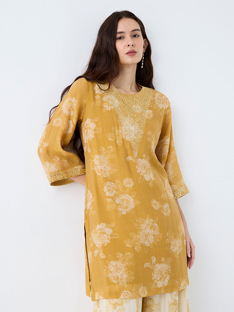 Utsa Mustard Floral Printed Cotton-Blend Kurta