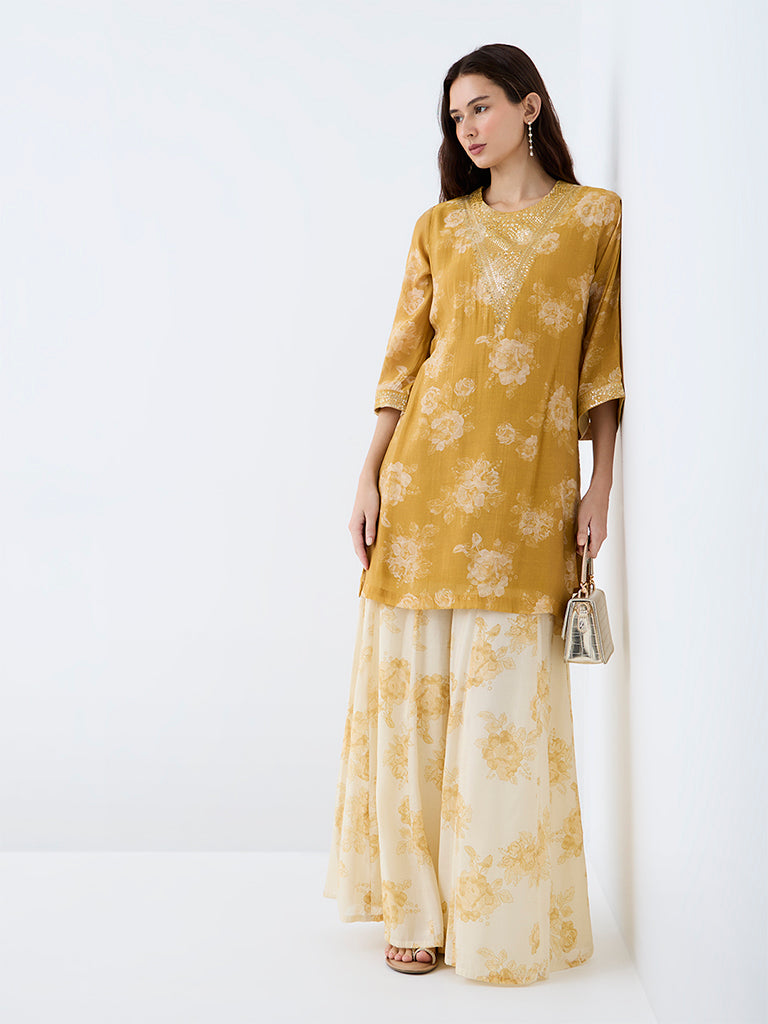 Utsa Mustard Floral Printed Cotton-Blend Kurta