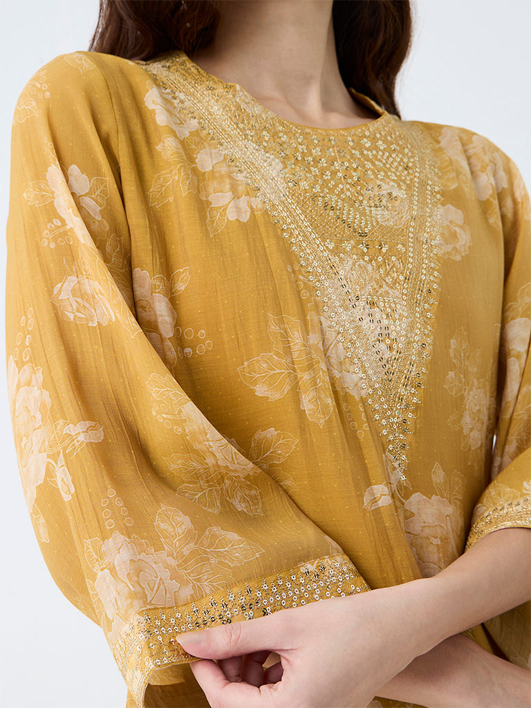 Utsa Mustard Floral Printed Cotton-Blend Kurta