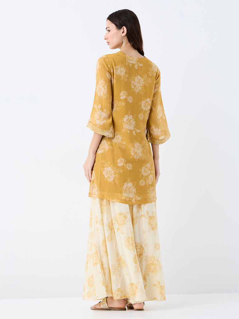 Utsa Mustard Floral Printed Cotton-Blend Kurta