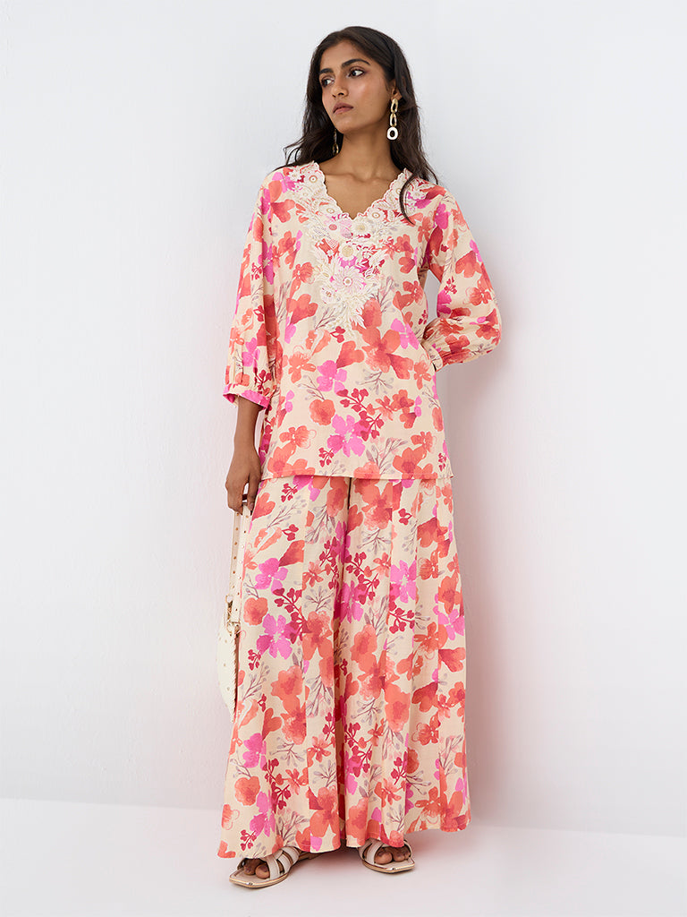 Utsa Off-White Floral Printed Palazzos