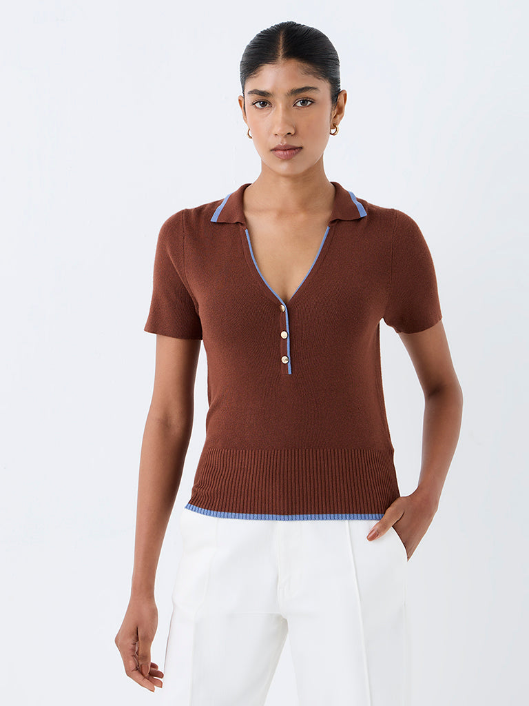 Wardrobe Brown Ribbed-Textured Top