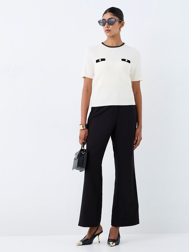 Wardrobe Ivory Contrast-Detail Ribbed Top