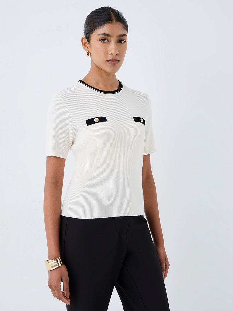 Wardrobe Ivory Contrast-Detail Ribbed Top