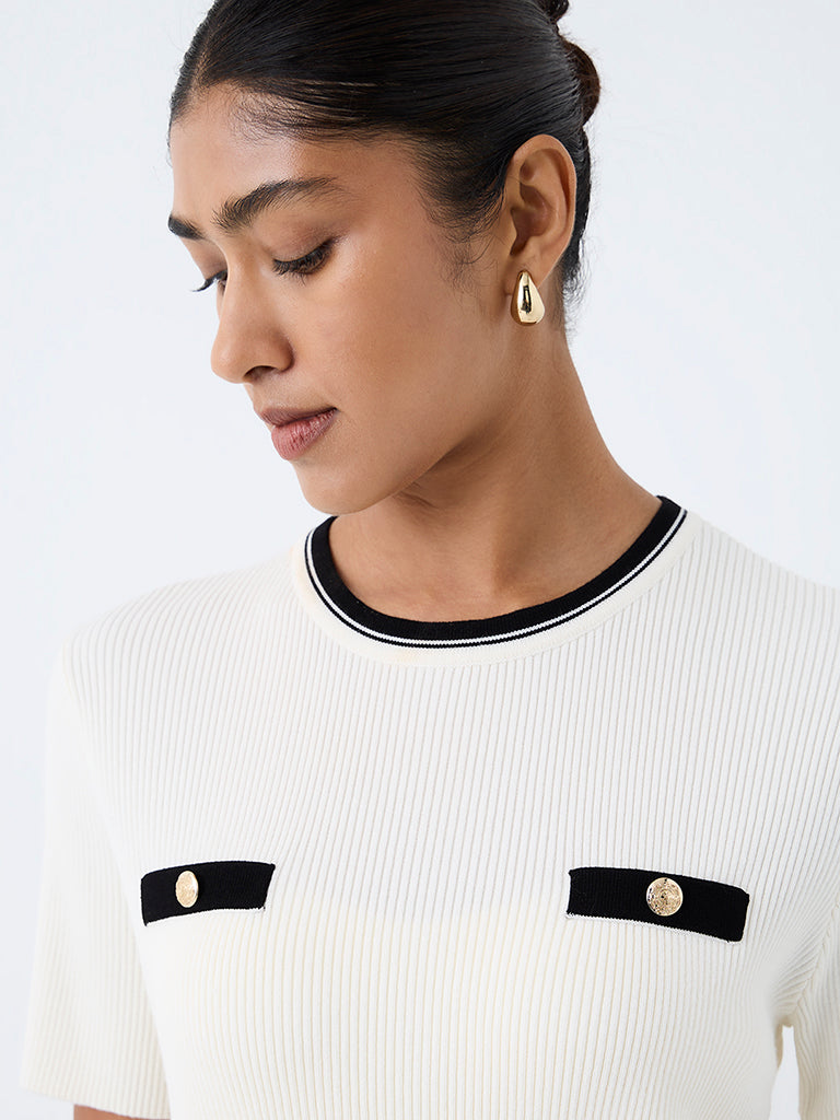 Wardrobe Ivory Contrast-Detail Ribbed Top