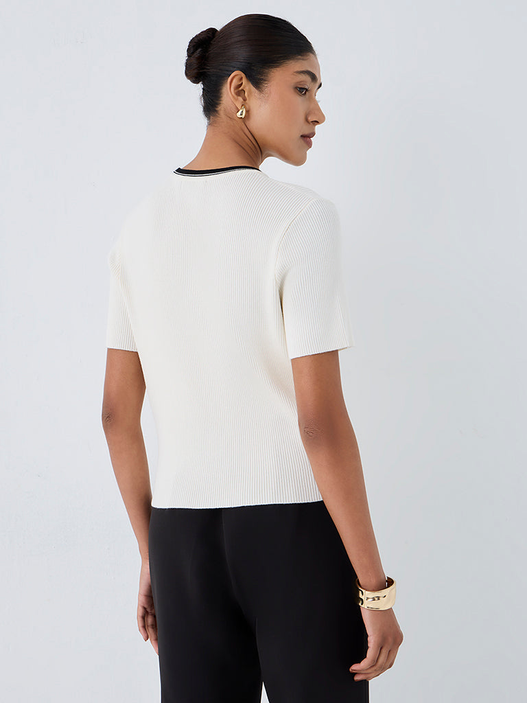 Wardrobe Ivory Contrast-Detail Ribbed Top