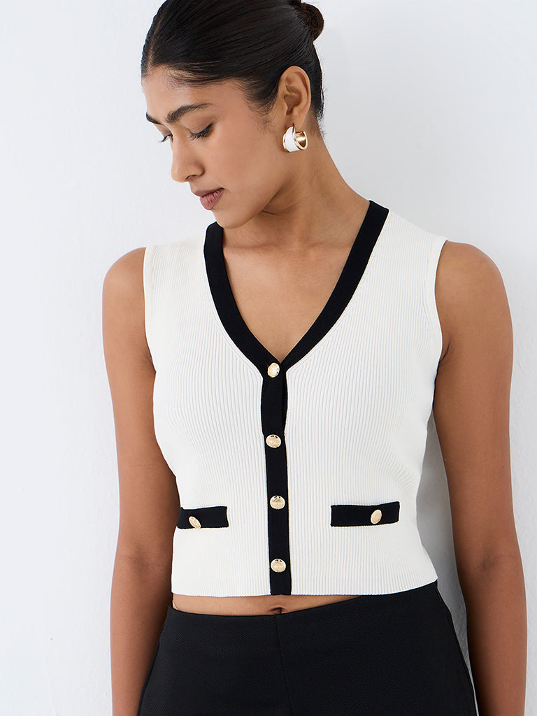 Wardrobe Ivory Contrast-Detail Rib-Textured Top