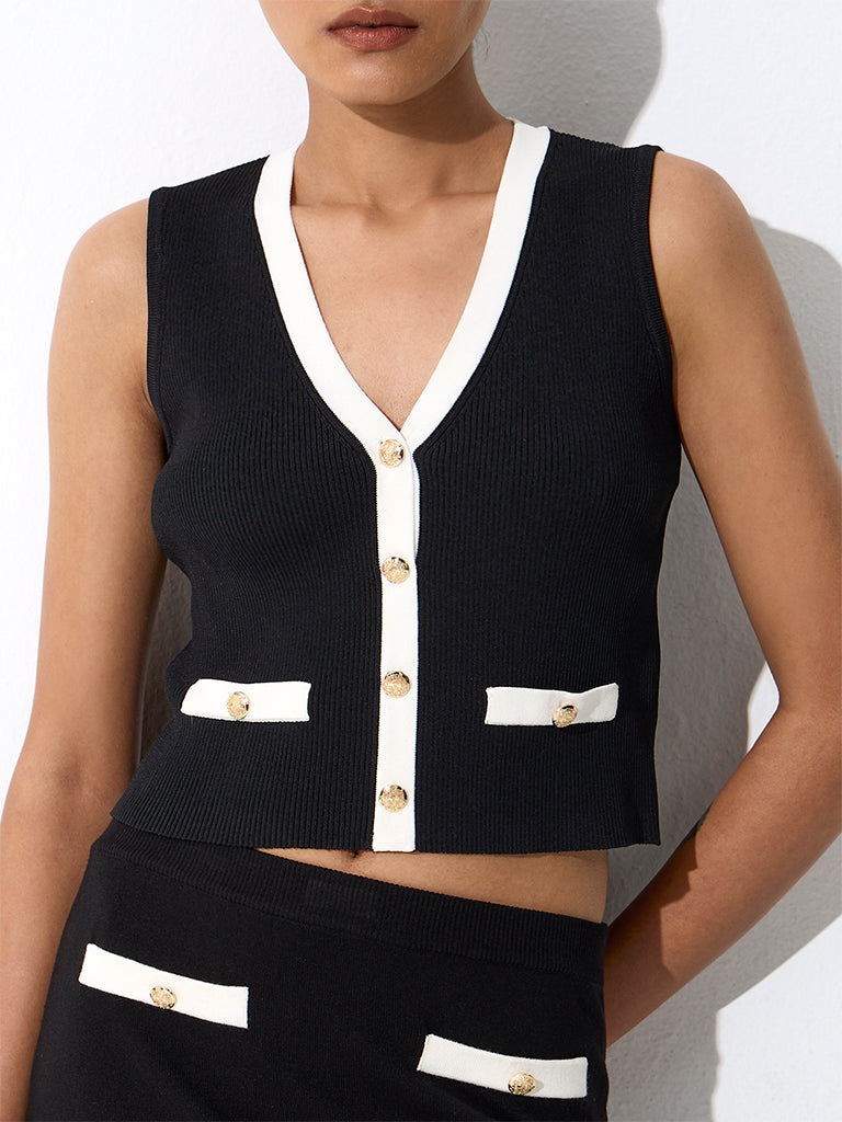 Wardrobe Black Contrast-Detail Ribbed Top