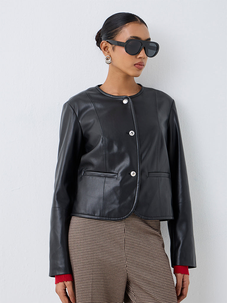 Wardrobe Black Solid Faux Leather Jacket