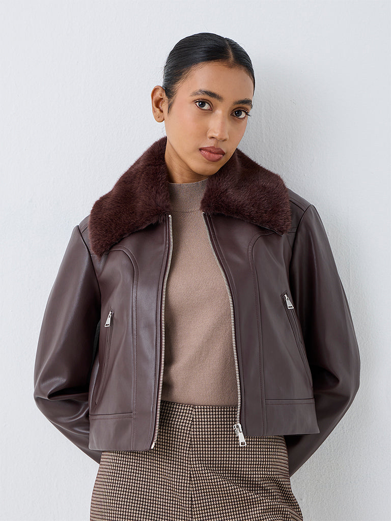 Wardrobe Dark Brown Fur-Collar Faux Leather Jacket