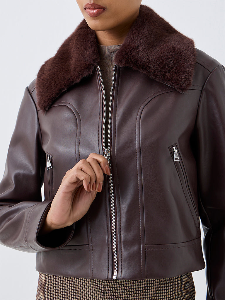Wardrobe Dark Brown Fur-Collar Faux Leather Jacket