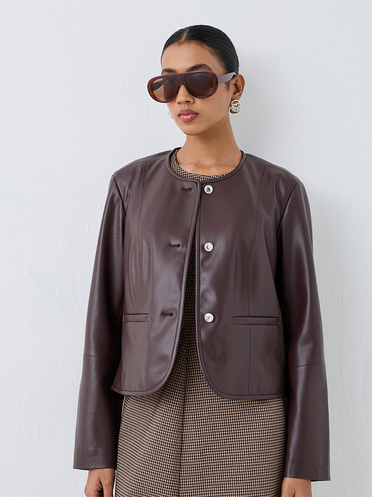 Wardrobe Dark Brown Solid Faux Leather Jacket