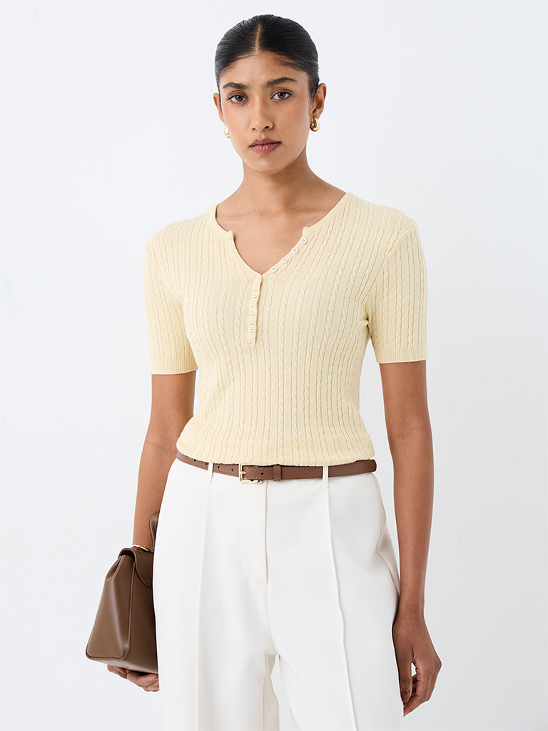 Wardrobe Yellow Cable-Knit Henley Top