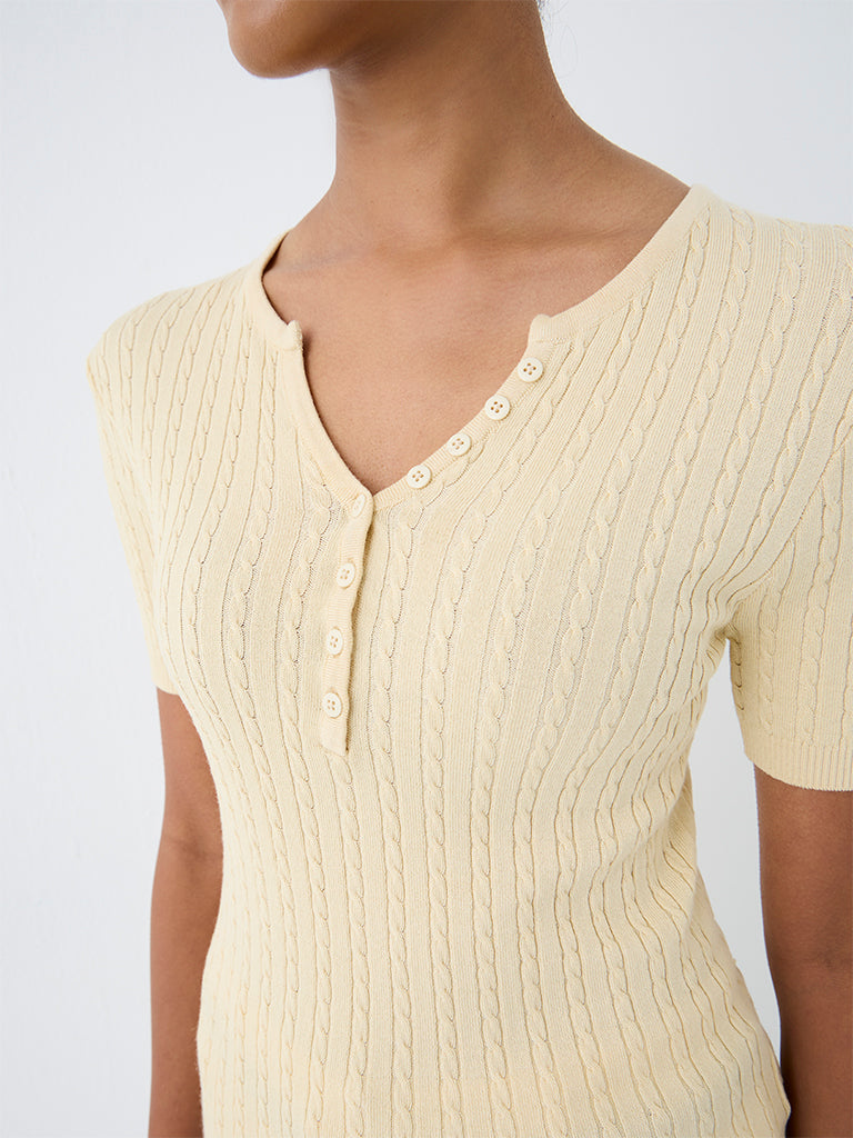 Wardrobe Yellow Cable-Knit Henley Top