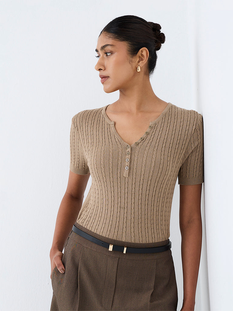 Wardrobe Taupe Cable-Knit Top
