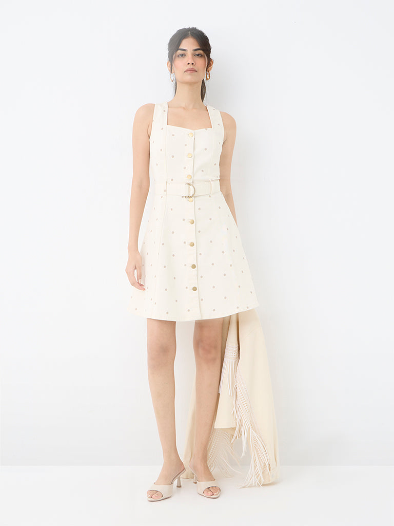LOV Off-White Polka Dot A-Line Denim Dress with Belt