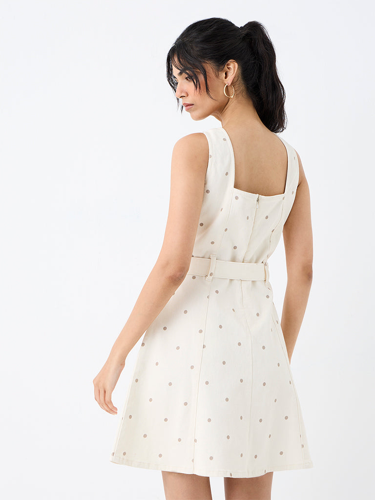 LOV Off-White Polka Dot A-Line Denim Dress with Belt