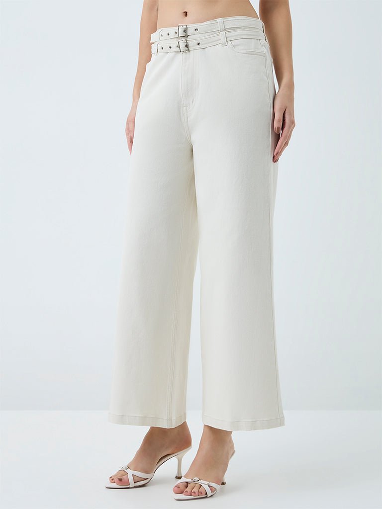 LOV Ivory High-Rise Jeans with Belt