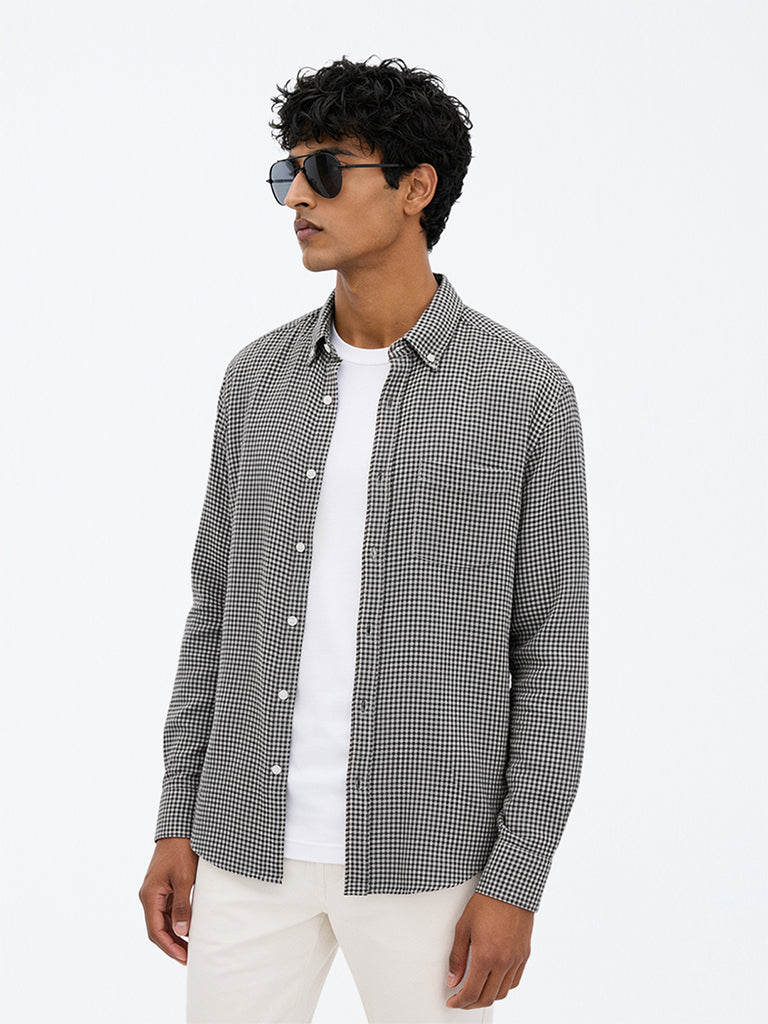 WES Casuals Black Checkered Relaxed-Fit Cotton Shirt