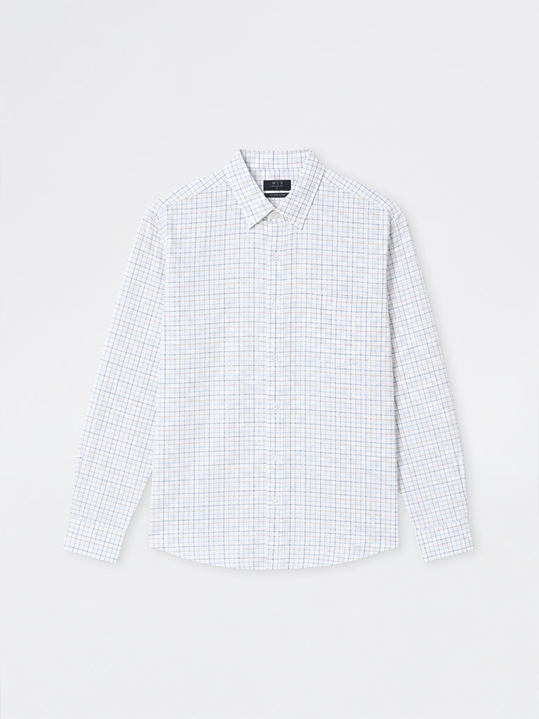 WES Casuals Off-White Checkered Relaxed-Fit Cotton-Blend Shirt