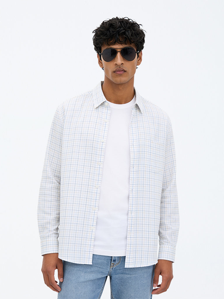 WES Casuals Off-White Checkered Relaxed-Fit Cotton-Blend Shirt