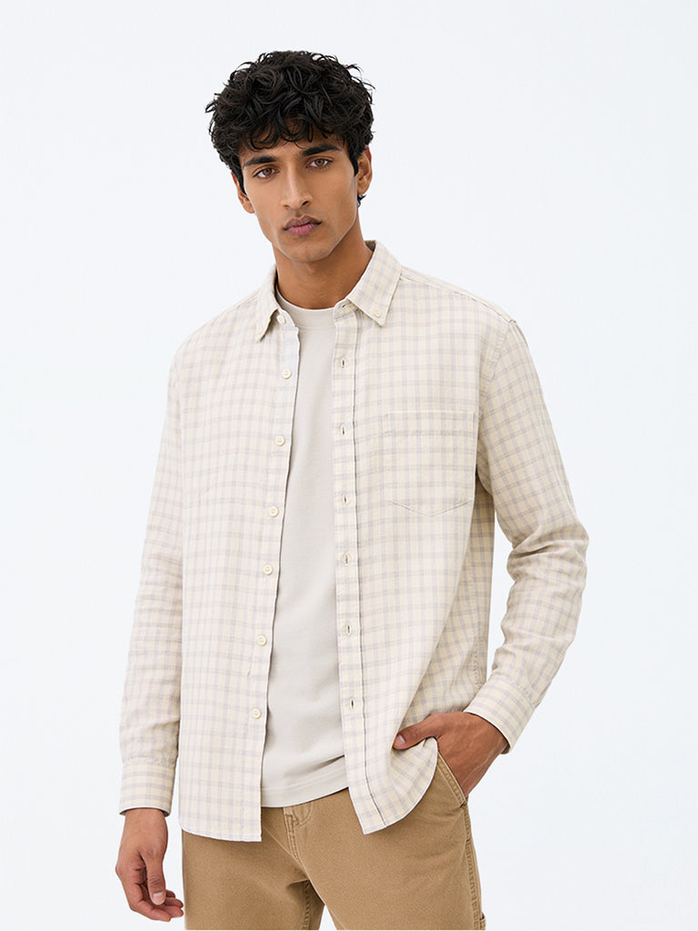WES Casuals Beige Checkered Relaxed-Fit Cotton-Blend Shirt