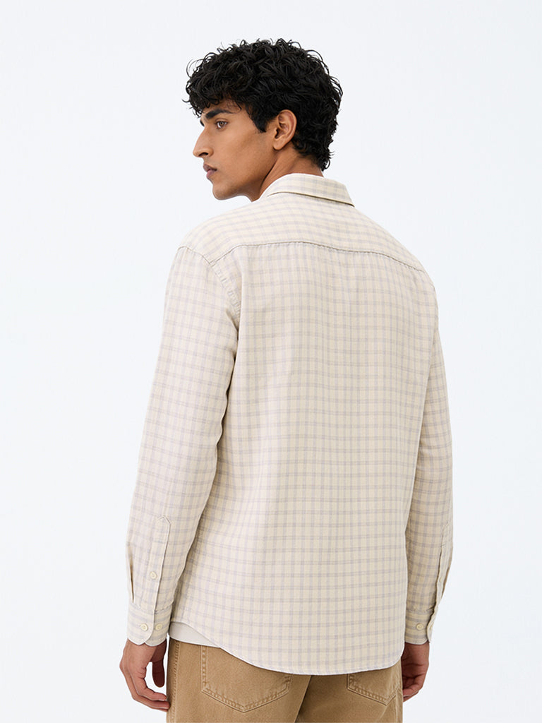 WES Casuals Beige Checkered Relaxed-Fit Cotton-Blend Shirt