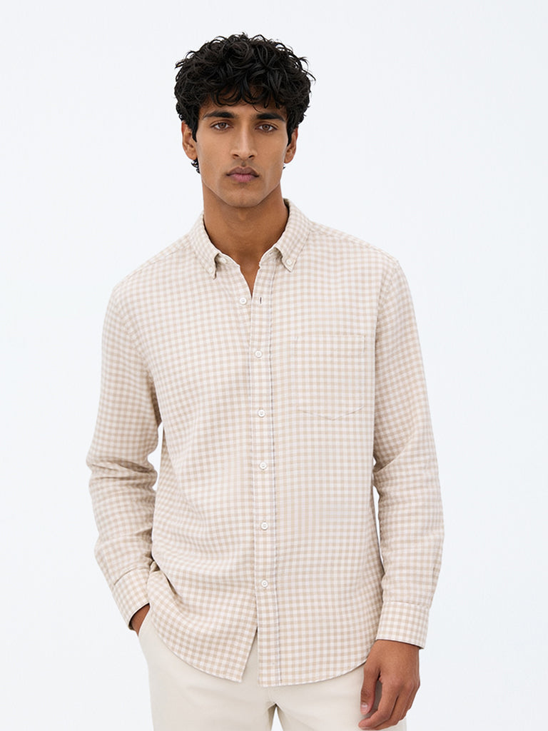 WES Casuals Light Beige Gingham Checkered Relaxed-Fit Cotton-Blend Shirt