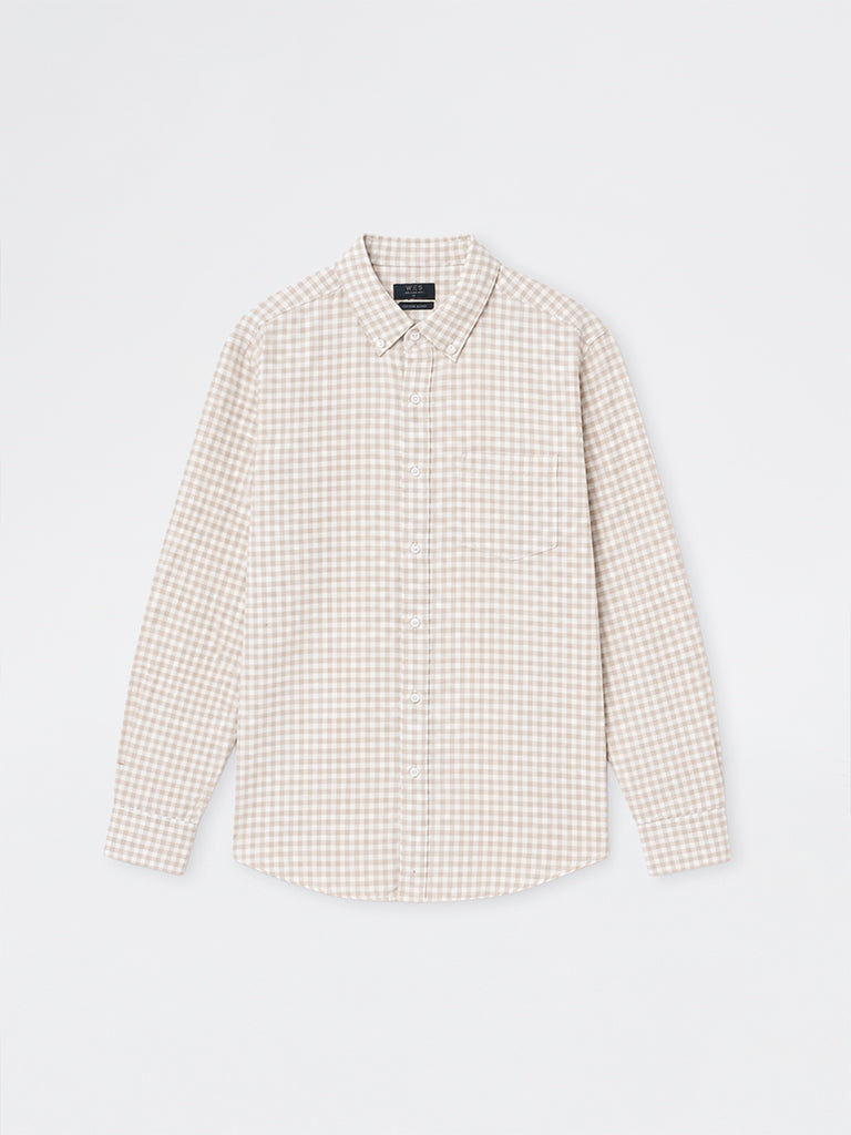 WES Casuals Light Beige Gingham Checkered Relaxed-Fit Cotton-Blend Shirt