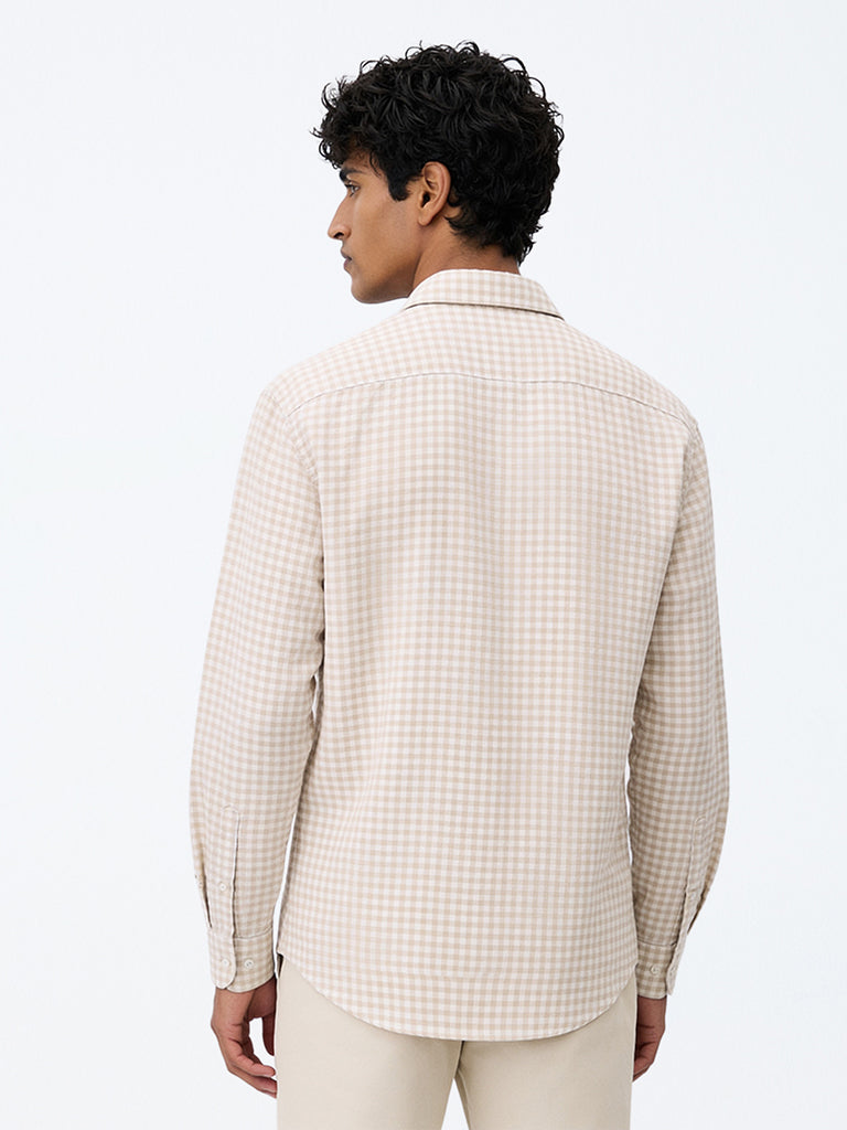 WES Casuals Light Beige Gingham Checkered Relaxed-Fit Cotton-Blend Shirt