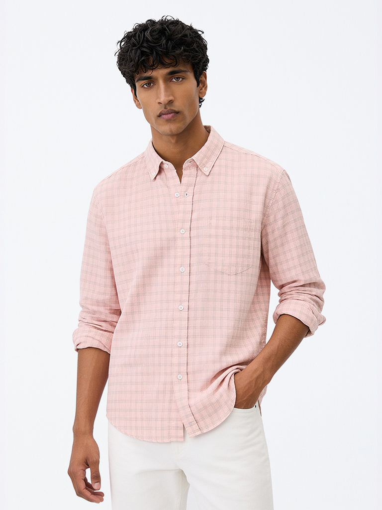 WES Casuals Pink Checkered Relaxed-Fit Cotton-Blend Shirt