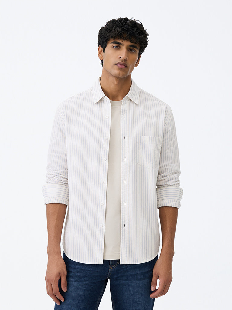 WES Casuals Off-White Striped Relaxed-Fit Cotton-Blend Shirt