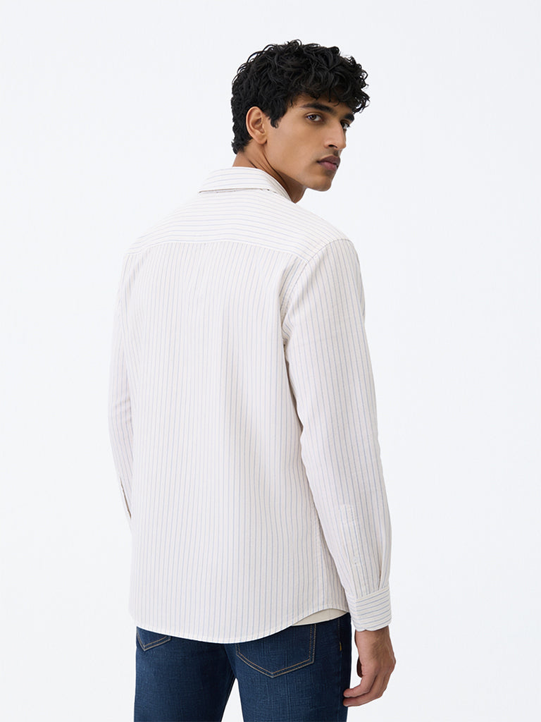 WES Casuals Off-White Striped Relaxed-Fit Cotton-Blend Shirt