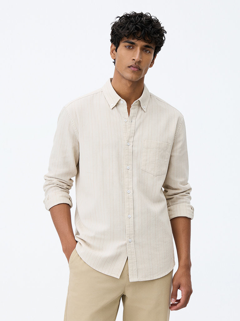 WES Casuals Beige Pinstriped Relaxed-Fit Cotton-Blend Shirt