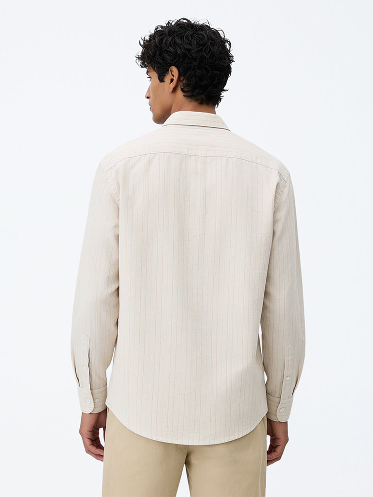 WES Casuals Beige Pinstriped Relaxed-Fit Cotton-Blend Shirt