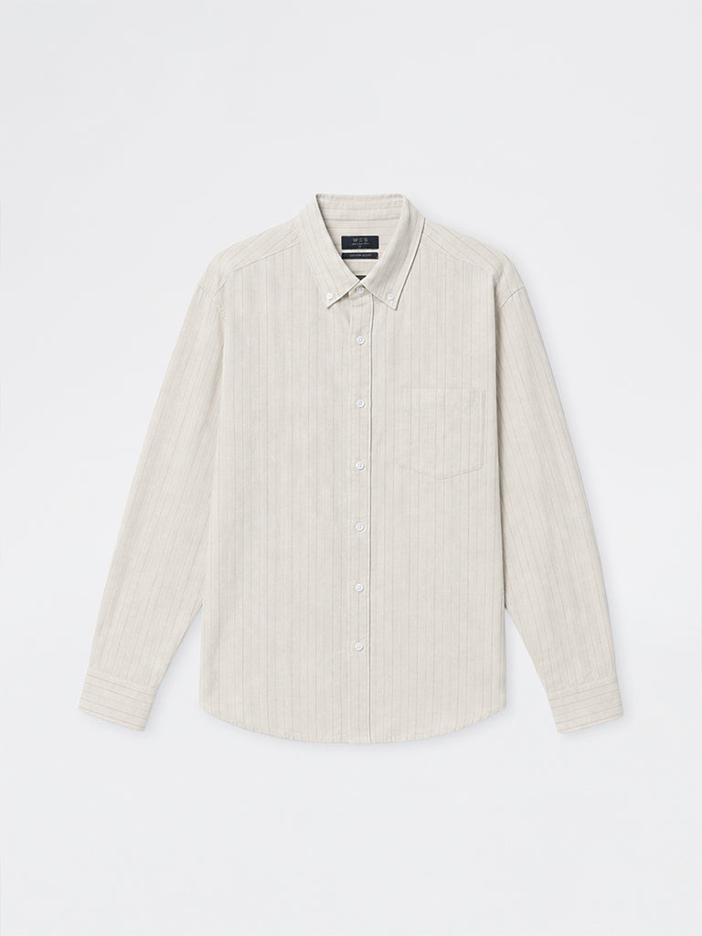 WES Casuals Beige Pinstriped Relaxed-Fit Cotton-Blend Shirt