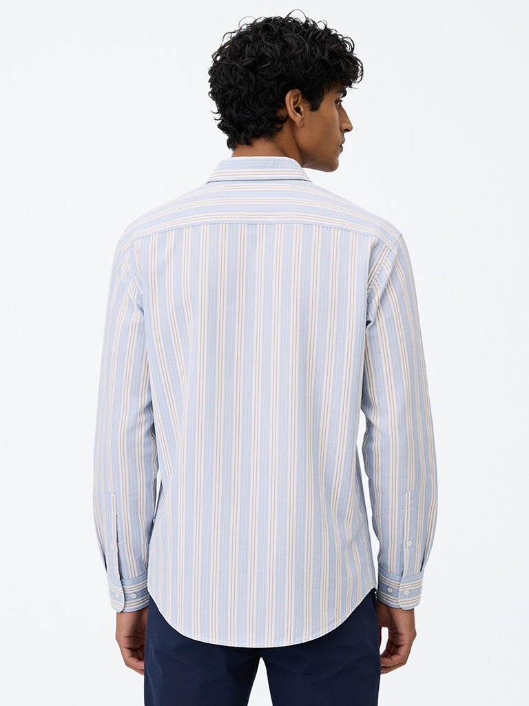 WES Casuals Blue Striped Relaxed-Fit Cotton-Blend Shirt