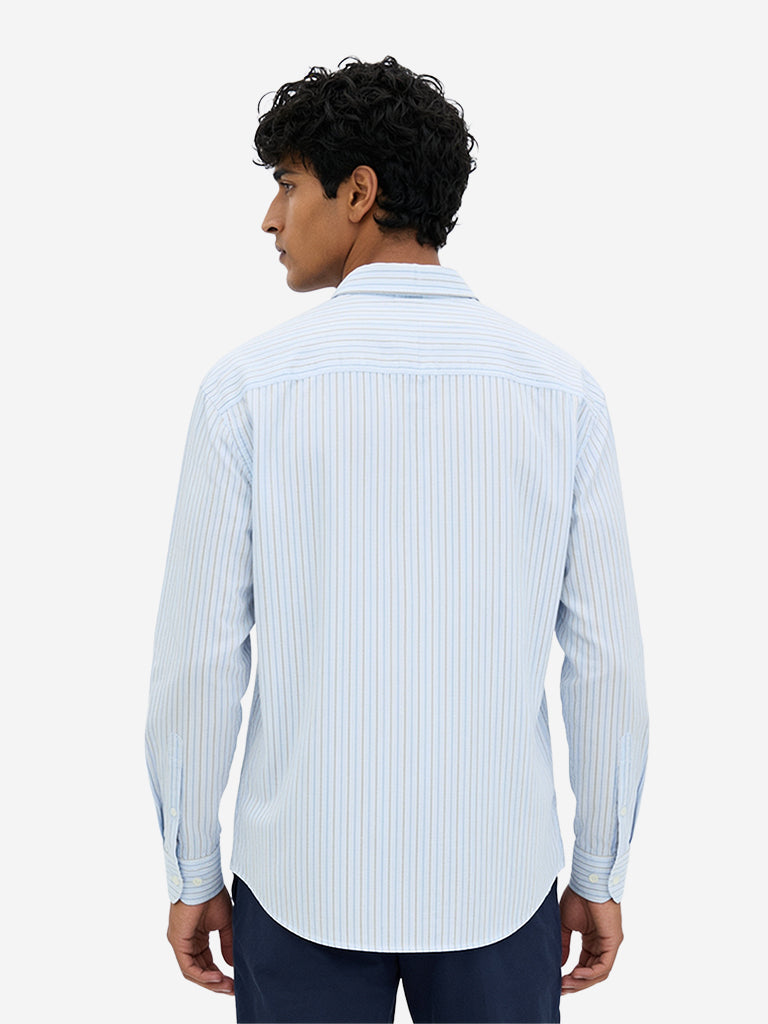 WES Casuals Light Blue Striped Relaxed-Fit Cotton-Blend Shirt