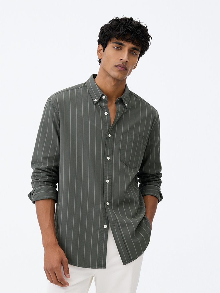 WES Casuals Olive Striped Relaxed-Fit Cotton Shirt