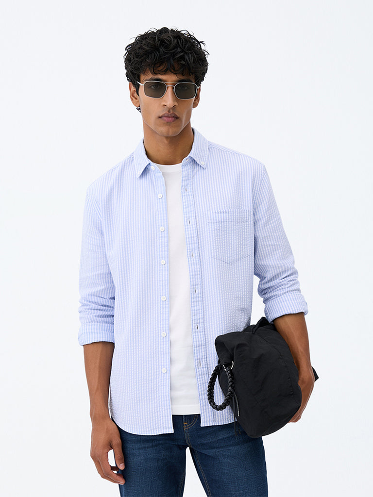 WES Casuals Blue Seersucker Striped Relaxed-Fit Cotton Shirt