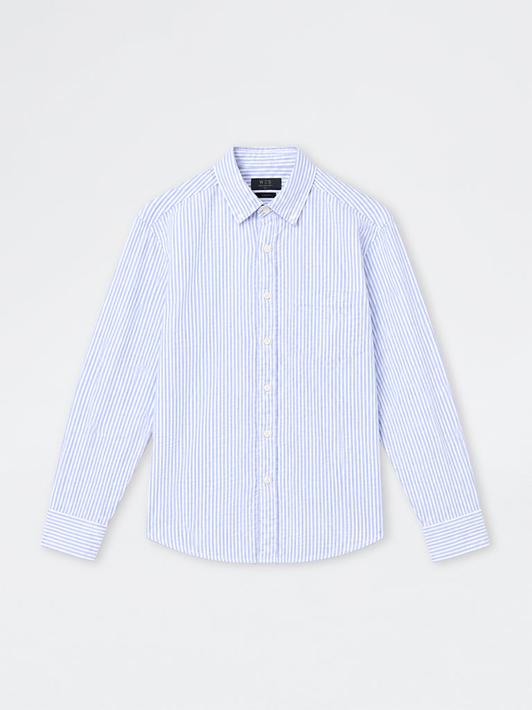 WES Casuals Blue Seersucker Striped Relaxed-Fit Cotton Shirt