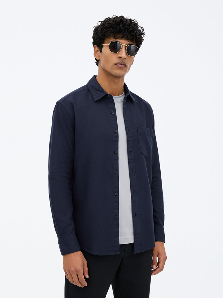 WES Casuals Navy Solid Relaxed-Fit Cotton Shirt