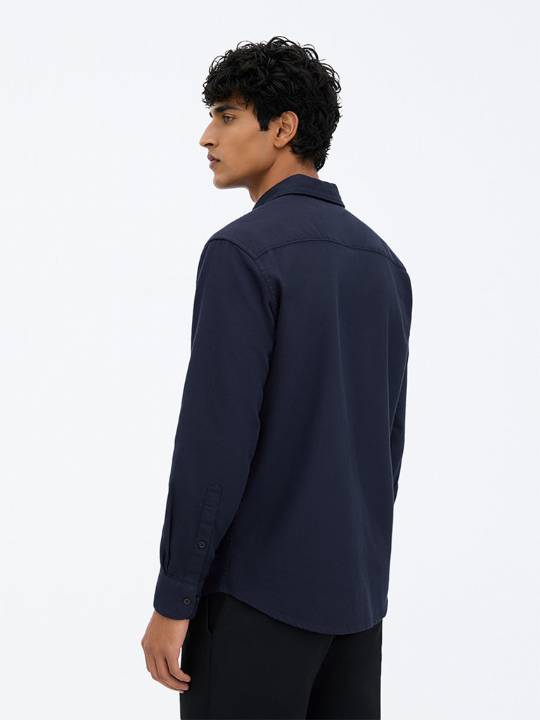 WES Casuals Navy Solid Relaxed-Fit Cotton Shirt