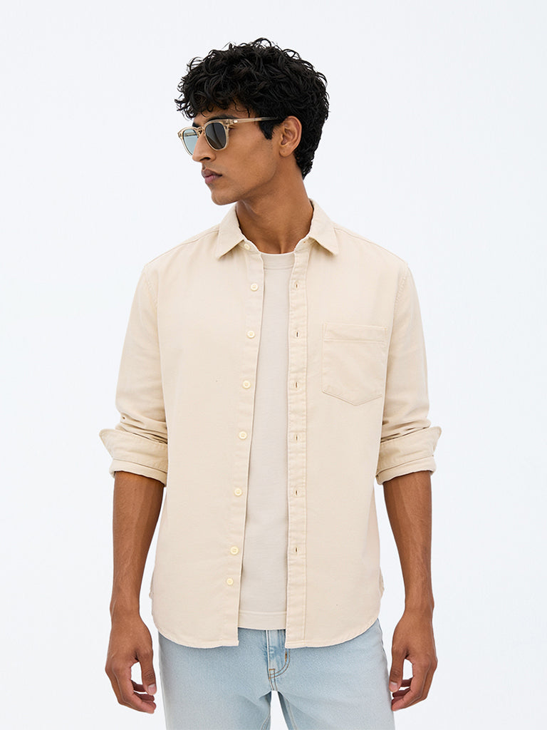 WES Casuals Beige Solid Relaxed-Fit Cotton Shirt