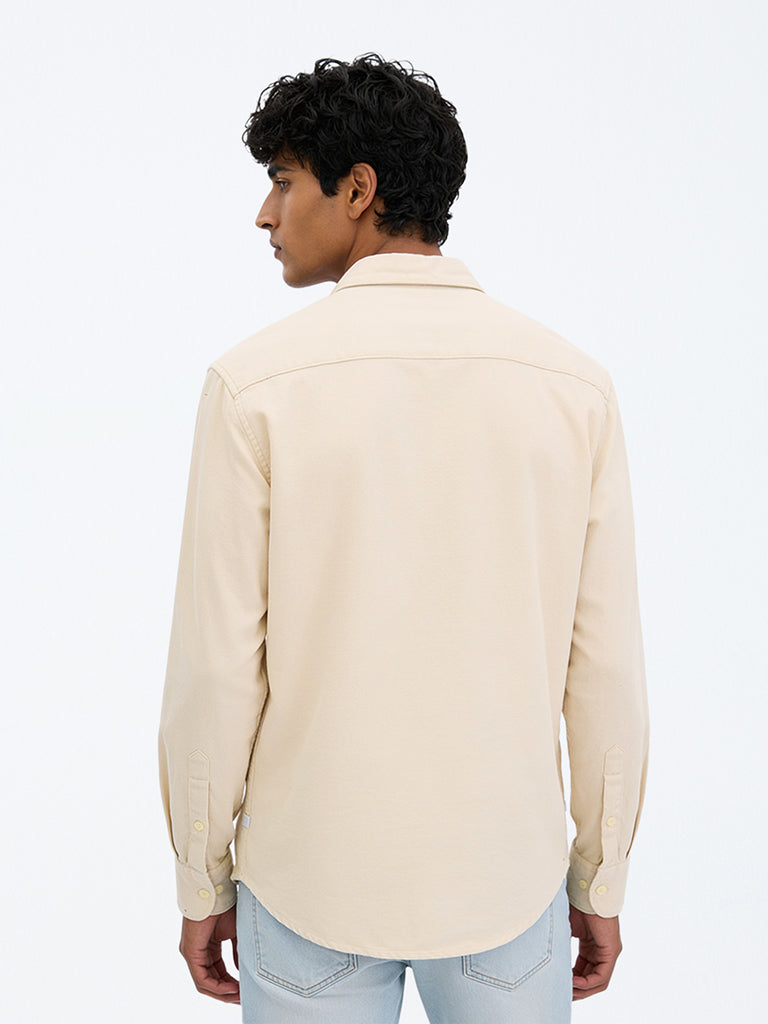 WES Casuals Beige Solid Relaxed-Fit Cotton Shirt
