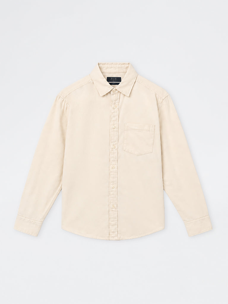 WES Casuals Beige Solid Relaxed-Fit Cotton Shirt