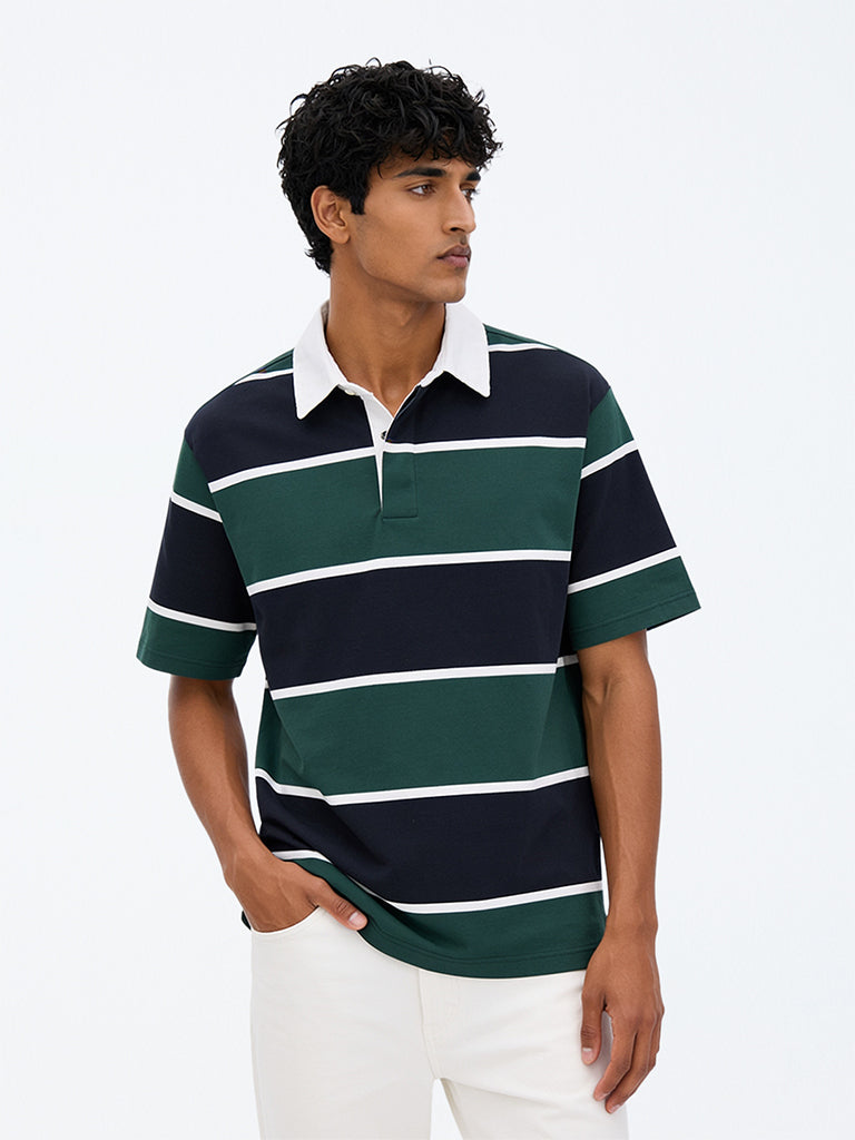 WES Casuals Green Relaxed-Fit Cotton-Blend Polo T-Shirt