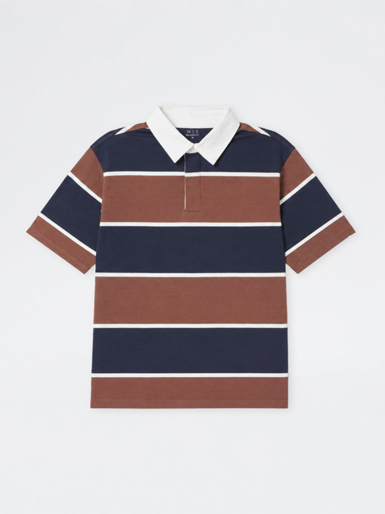 WES Casuals Brown and Navy Relaxed-Fit Cotton-Blend Polo T-Shirt